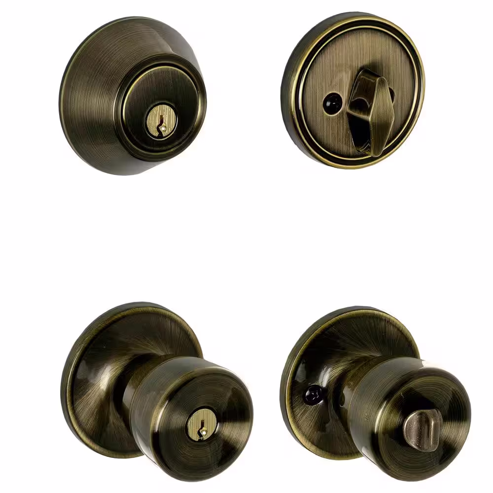 ESSENTIALS by Schlage Brill Antique Brass Single Cylinder Deadbolt and Keyed Entry Door Knob Combo Pack