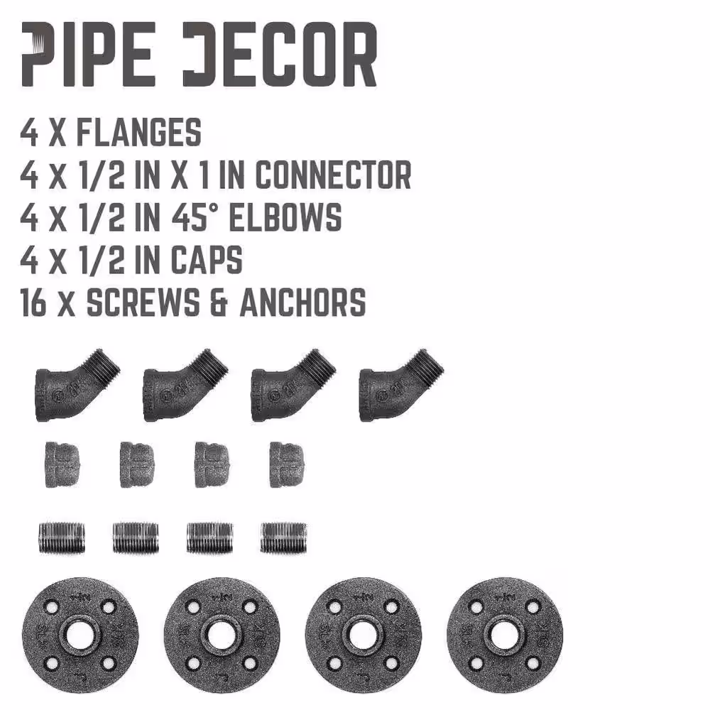 PIPE DECOR 1/2 in. Black Steel Pipe Wall Hook Kit (4-Pack)