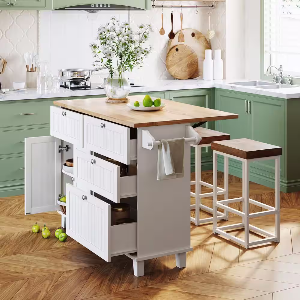 None White Drop Leaf Rubber Wood Tabletop 50.3 in. Kitchen Island with Stools
