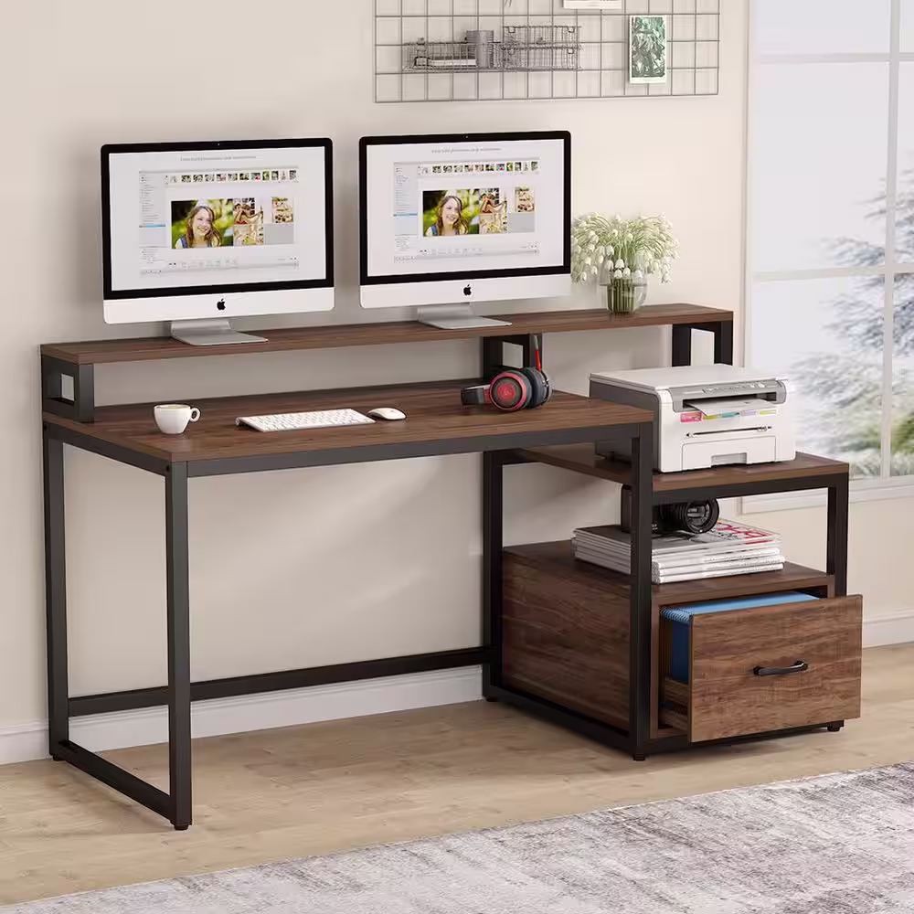 None Havrvin 61 in. Rectangular Rustic Brown Engineered Wood One Drawer Computer Desk with Two Open Shelf