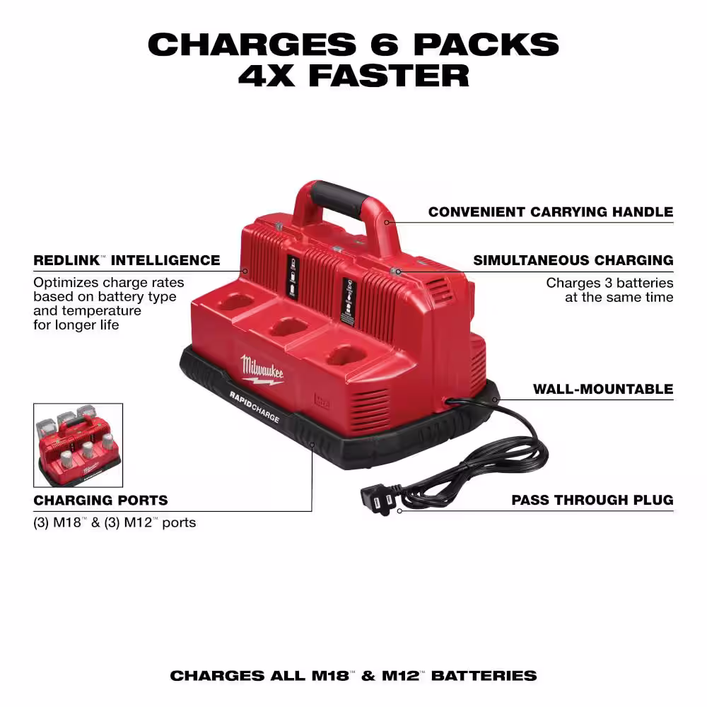 Milwaukee M12 and M18 12-Volt/18-Volt Lithium-Ion Multi-Voltage 6-Port Sequential Rapid Battery Charger (3 M12 and 3 M18 Ports)
