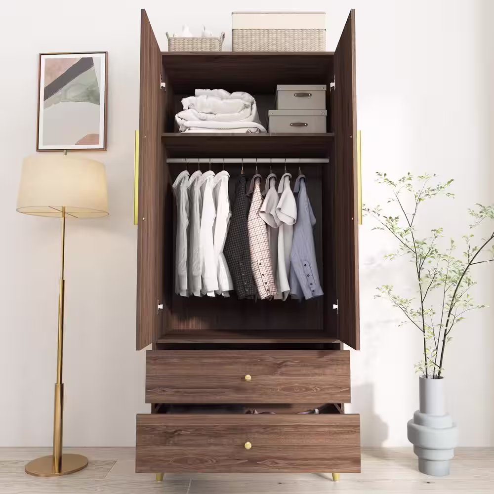 None Brown Armoire with 2-Drawers, Hanging Rod and Gold Metal Handles (71.1 in. H x 19.1 in. W x 31.5 in. D)