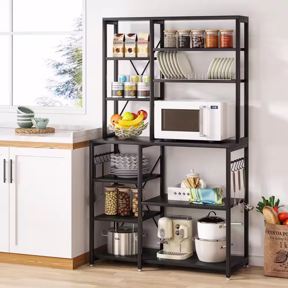 TRIBESIGNS WAY TO ORIGIN BachelÂ Black Kitchen Baker's Rack with Hutch and 10-S-Shaped Hooks