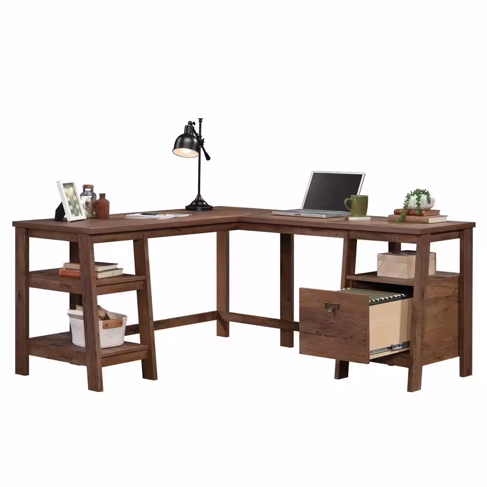 SAUDER Trestle 59.055 in. L-Shape Vintage Oak Computer Desk with File Storage