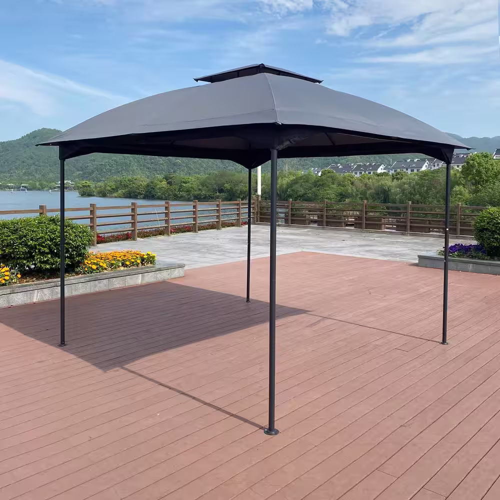 None 10 ft. x 10 ft. Gray Steel Outdoor Patio Garden Gazebo Canopy, Outdoor Shading, Gazebo Tent with Curtains