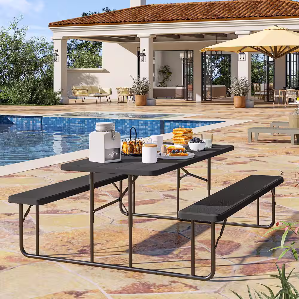 None 6 ft. Black Rectangular HDPE Folding Picnic Table and Bench with Umbrella Hole