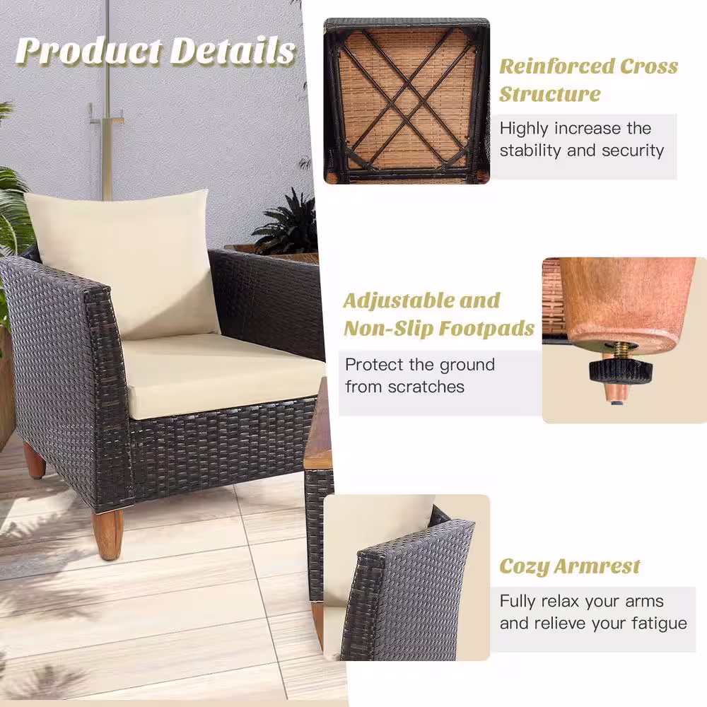 None 3-Piece Rattan Wicker Outdoor Bistro Set with Wooden Table Top and Beige Cushion