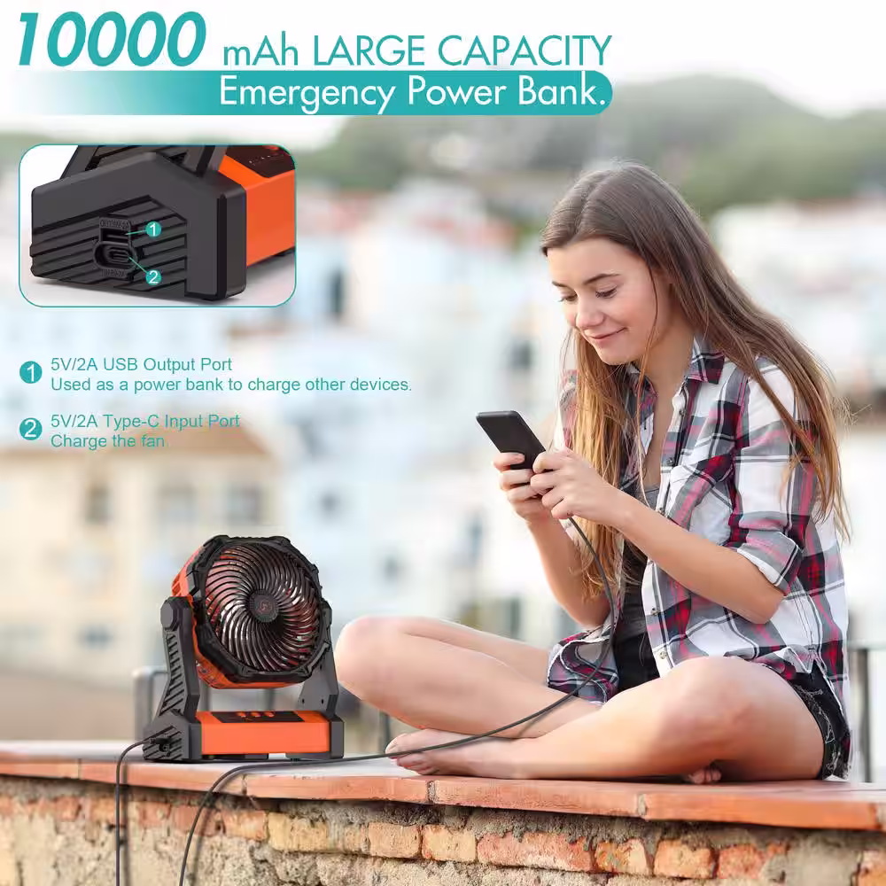 panergy 10000mAh Rechargeable Battery Jobsite Fan with Light & Hook, 270Â° Pivot, 3 Speeds, for Camping, Power Outage, Jobsite