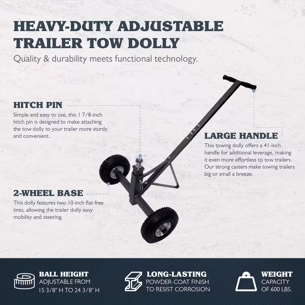 None 600 lbs. Capacity Adjustable Solid Steel Trailer Dolly, Steel Material