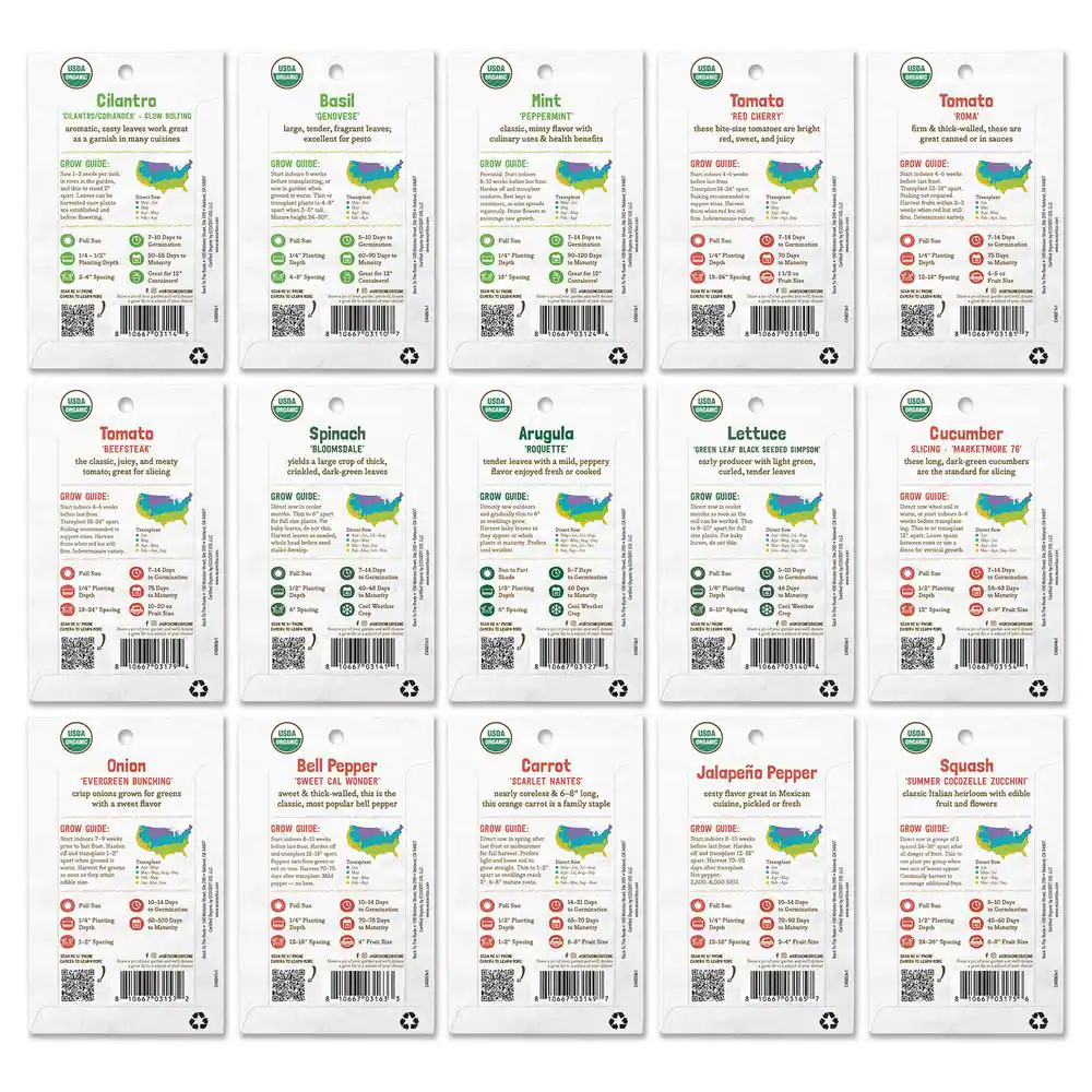 Back to the Roots Organic Garden Essentials Vegetable Seeds Variety (15-Pack)