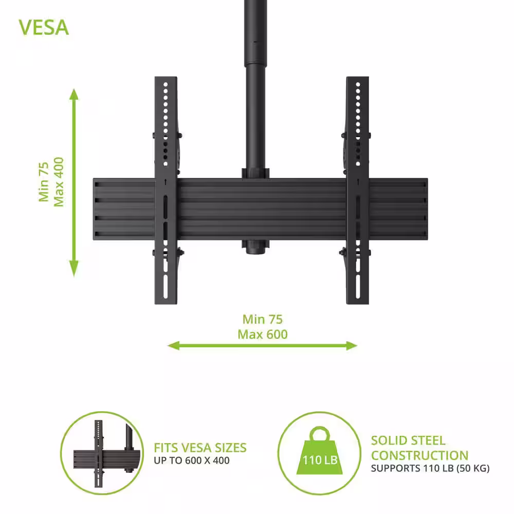 KANTO Hanging Ceiling TV Mount with Extension and Tilt for 37 in. - 70 in. TVs in Black
