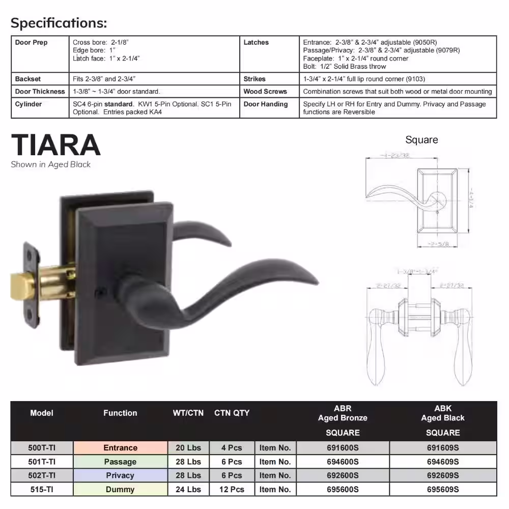 DELANEY HARDWARE Sandcast Tiara Aged Black Single Dummy Right Hand Door Lever with Square Backplate