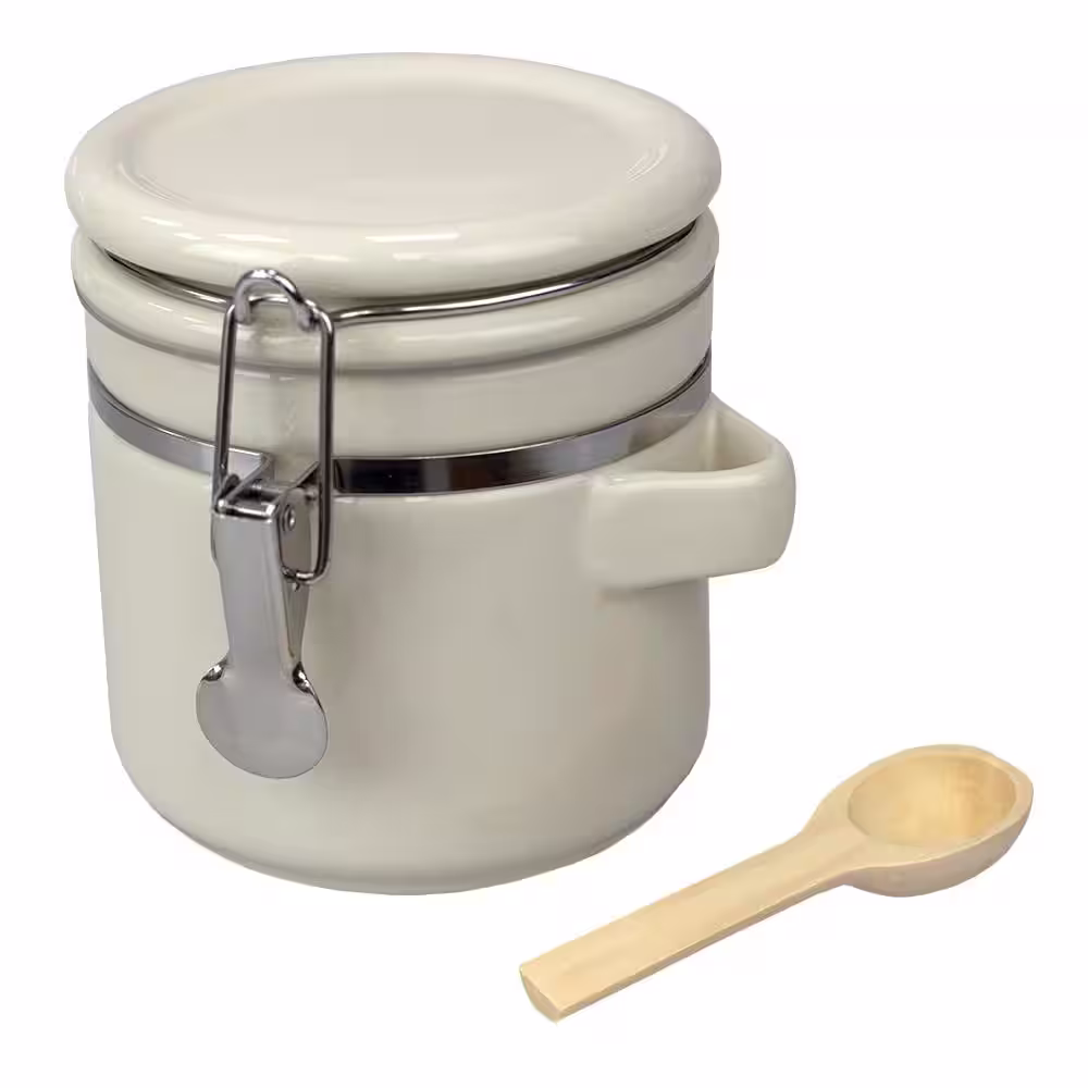 Home Basics 4-Piece Ceramic Canister Set with Beige Easy Open Air-Tight Clamp Top Lid and Wooden Spoons
