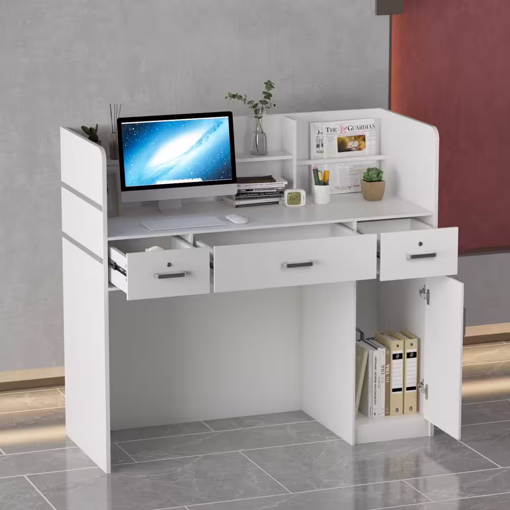 None 47.2 in. Rectangle White Wood Writing Desk Reception Desk Executive Computer Workstation with Lockable Drawers, Cabinet