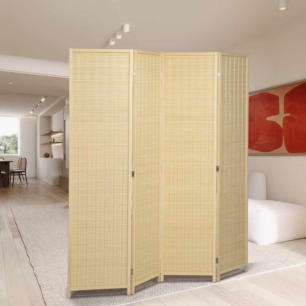 None 6 ft. Tall 4-Panel Natural Bamboo Room Divider, Folding Privacy Screen, Freestanding Partition for Home and Office