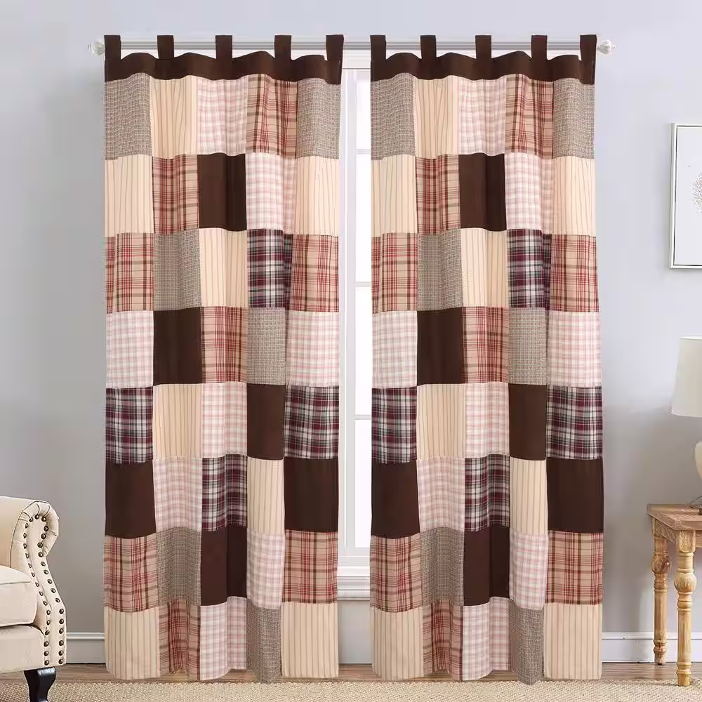 Cozy Line Home Fashions Brody Brown Plaid Stripe Patchwork Brown Rod Pocket Window Curtain Panel/Drapes (2 Piece) with Tie Backs