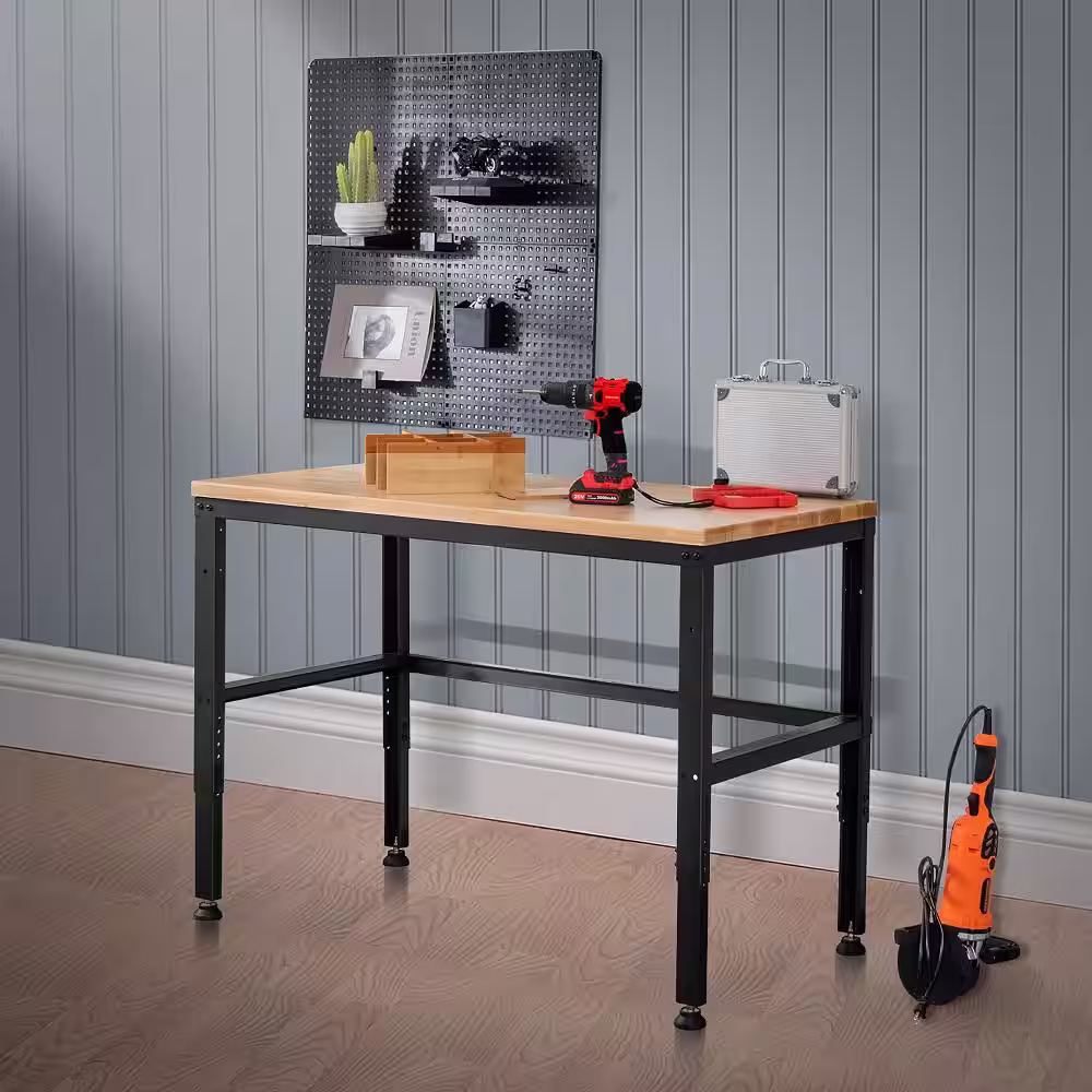Costway 48 in. Adjustable Workbench Solid Oak Wood Top 2000 lbs. Heavy-Duty Worktable