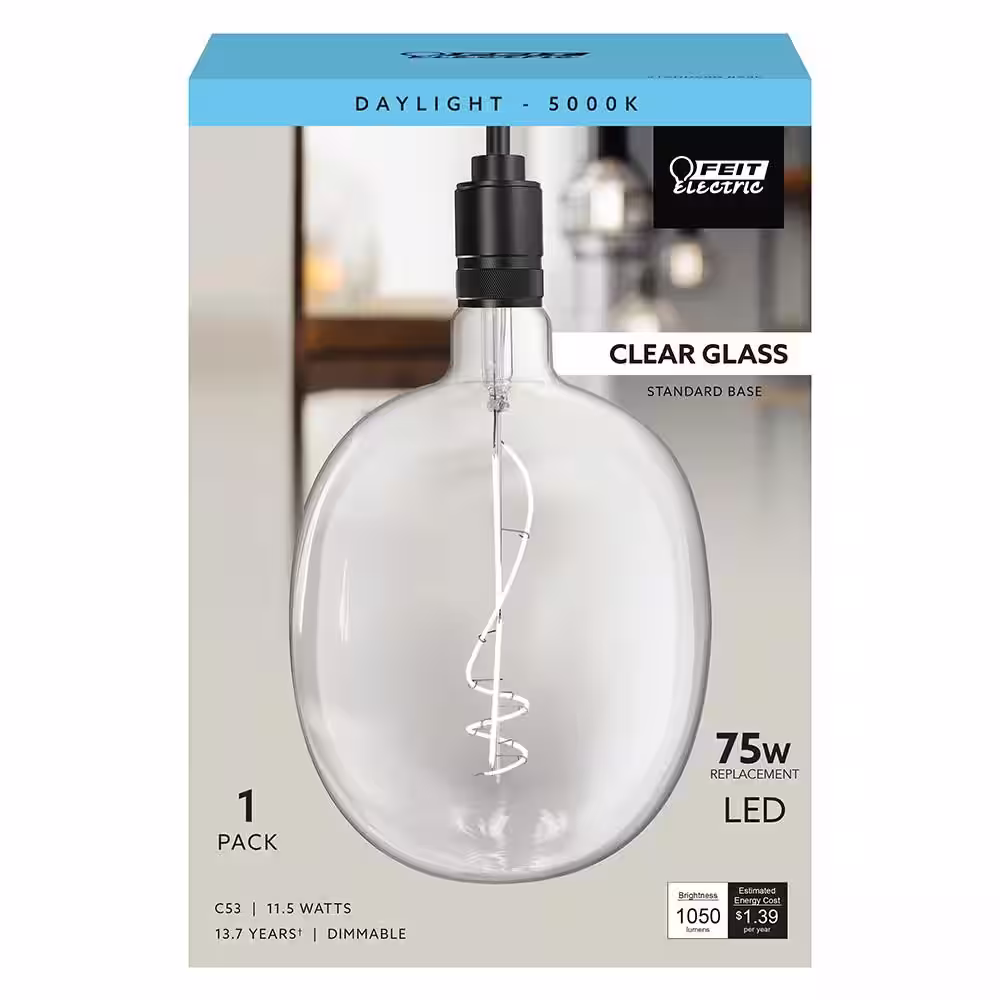 Feit Electric 75-Watt Equivalent C53 Dimmable Curve Filament Oversized Clear Glass E26 Vintage Edison LED Light Bulb Daylight 5000K