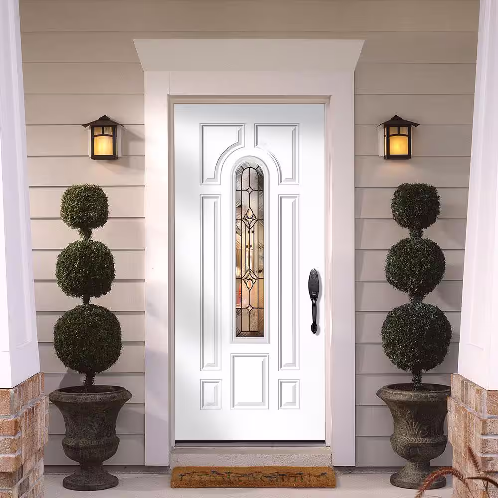 Masonite 36 in. x 80 in. Providence Center Arch Right-Hand Inswing Painted Steel Prehung Front Door with Brickmold, Vinyl Frame