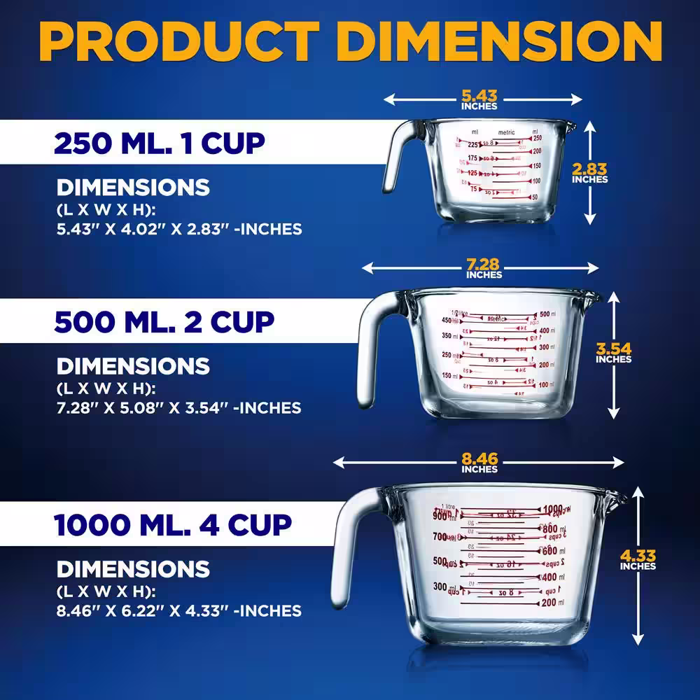 NutriChef 3-Piece Glass Measuring Cup Set