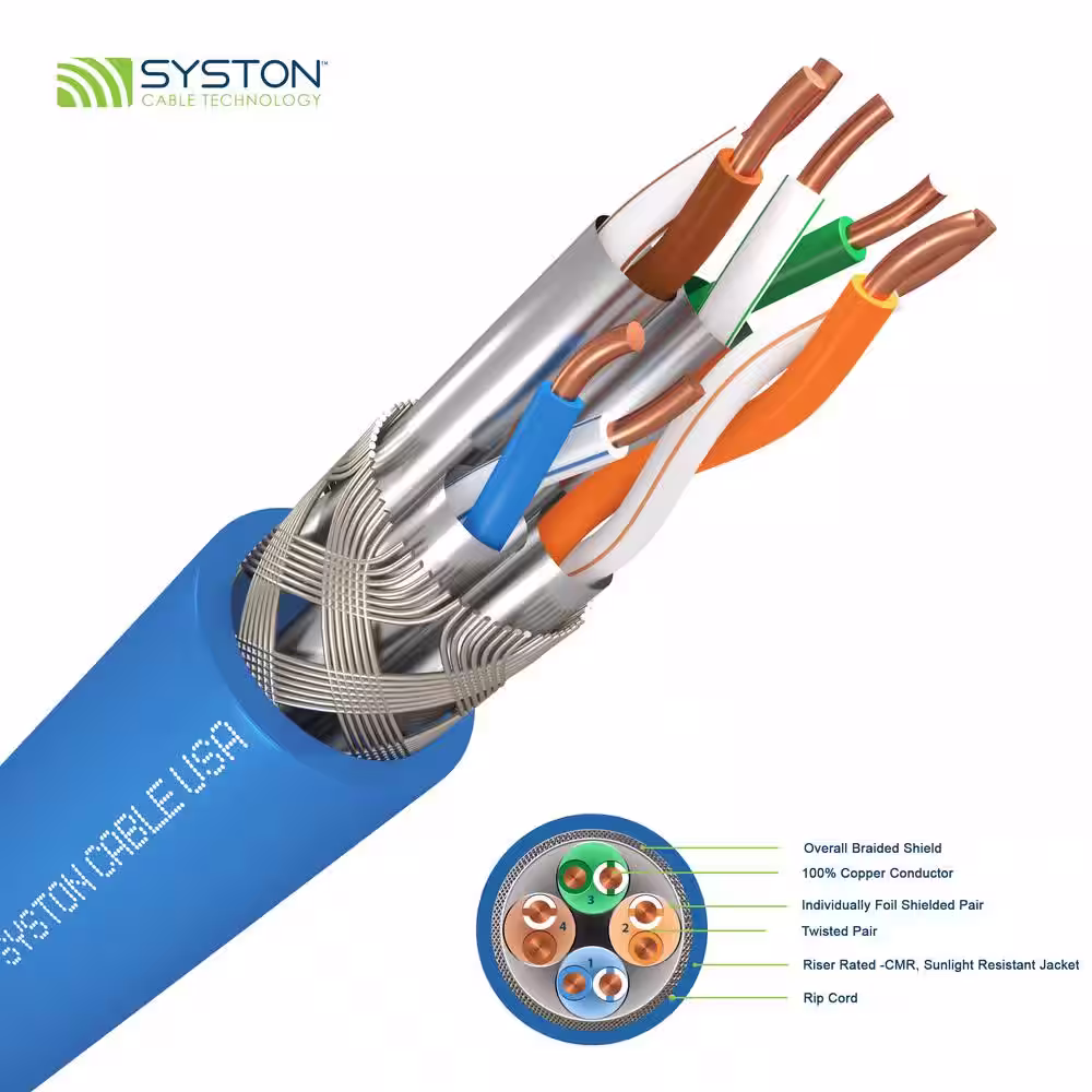 Syston Cable Technology 500 ft. Blue 22AWG 4-Pair Solid Copper S/FTP Cat8 Plus CMR Riser Bulk Data Cable