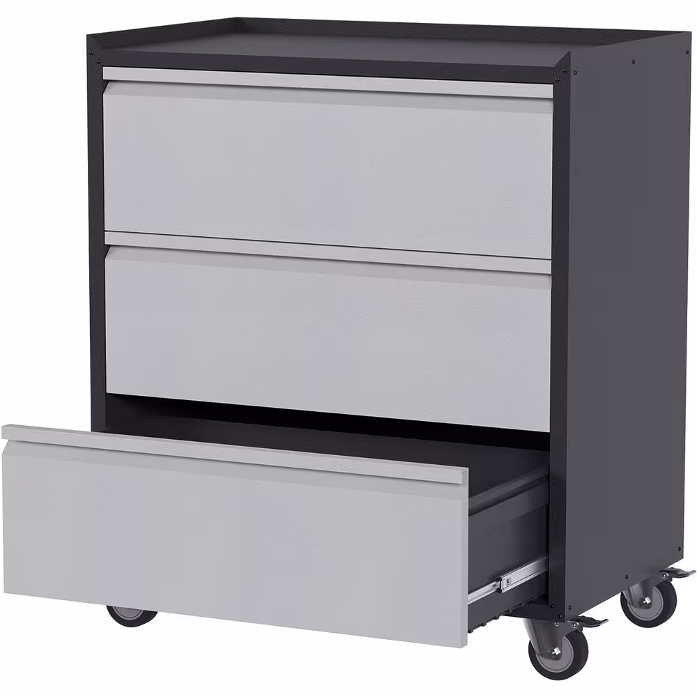 None Rolling Metal Storage Freestanding Cabinet 30.31 in. D x 18.11 in. W x 35.43 in. H with 3 Drawer Set in Black and Grey