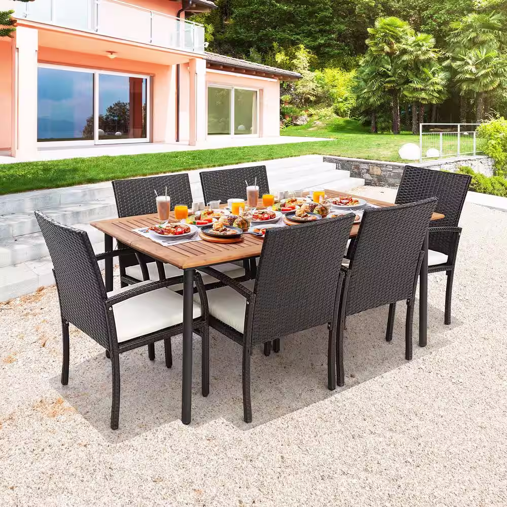 Costway 7-Piece Wicker Outdoor Dining Set Armchairs Acacia Wood Table with Umbrella Hole and White Cushion