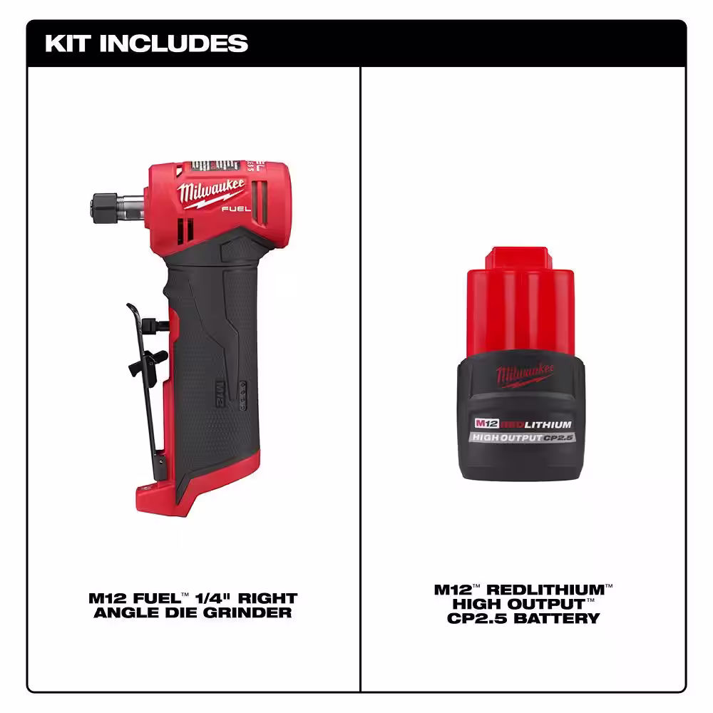 Milwaukee M12 FUEL 12V Lithium-Ion Brushless Cordless 1/4 in. Right Angle Die Grinder w/CP High Output 2.5 Ah Battery Pack