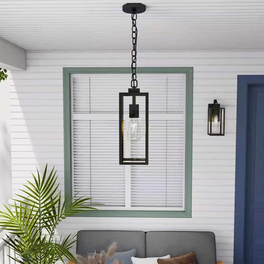 Pia Ricco 1-Light Matte Black Outdoor Pendant Light with Clear Glass