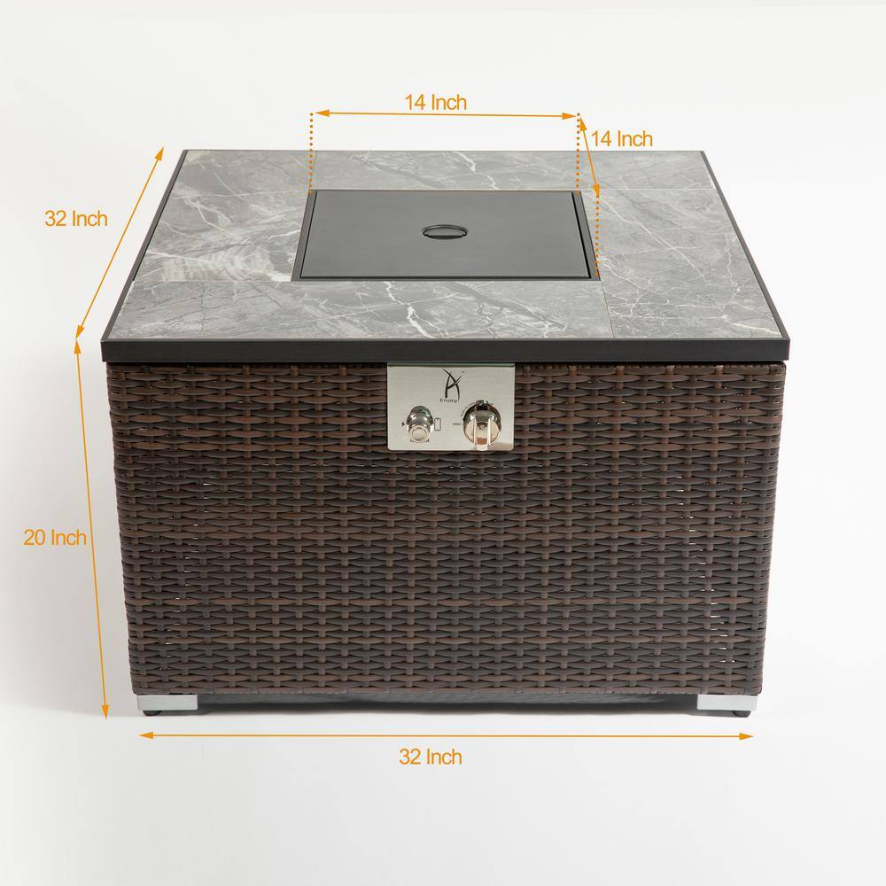 None 32 in. Brown 4,0000 BTU Square Wicker Outdoor Fire Pit Table with Black Lid and Beige Cover
