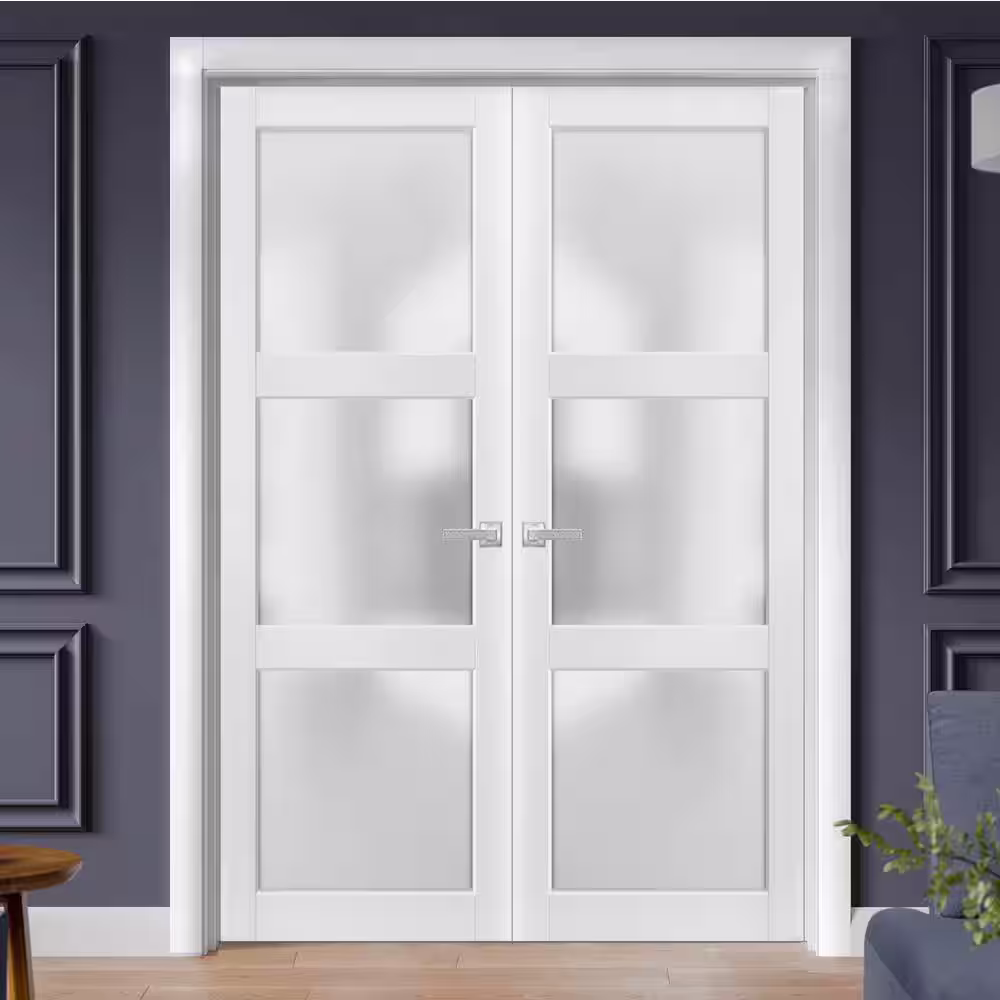 Sartodoors 2552 64 in. x 84 in. Universal Handling 3-Lite Frosted Glass Solid White Finished Pine Wood Interior Door Slab