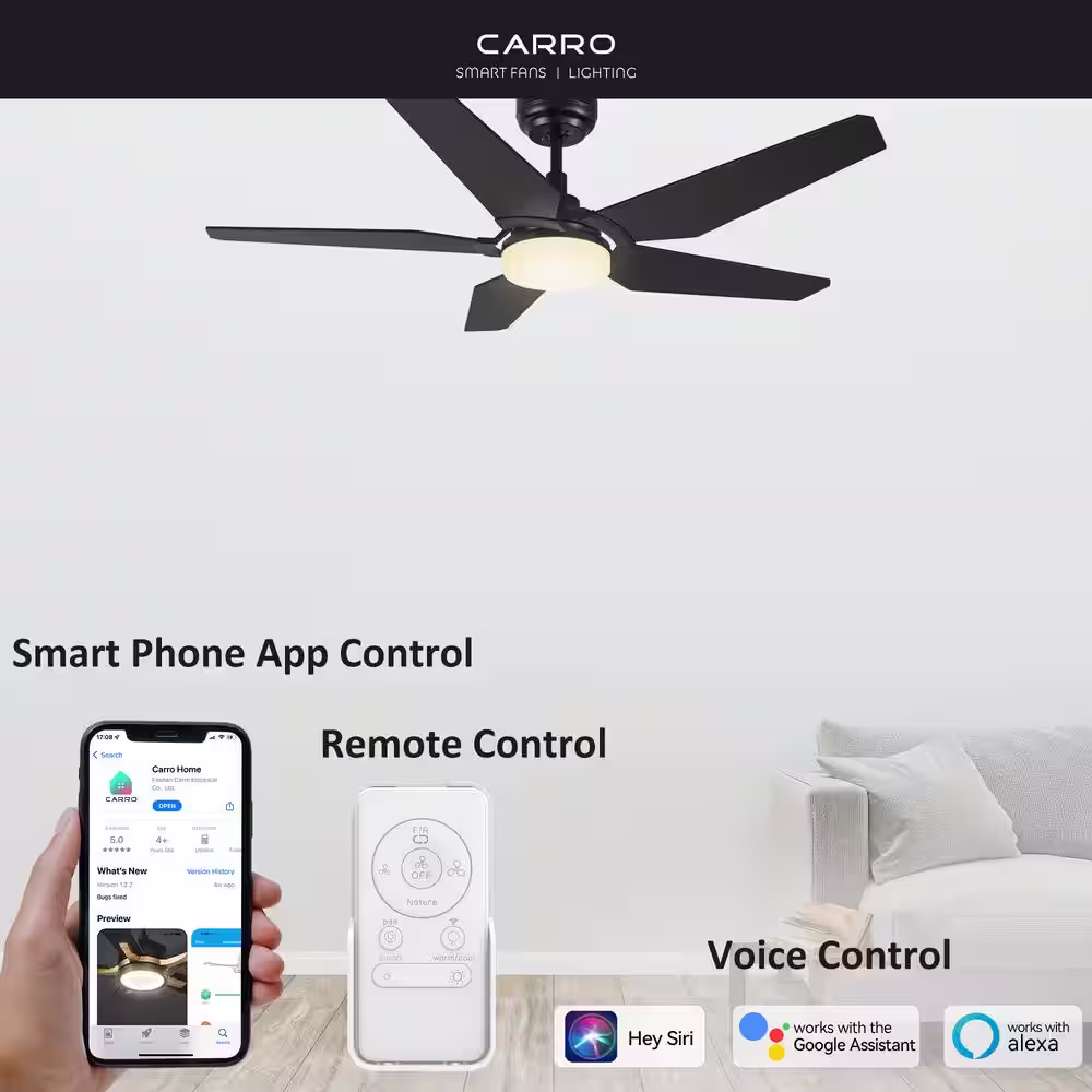 CARRO Beaumont 52 in. Dimmable LED Indoor/Outdoor Black Smart Ceiling Fan with Light and Remote, Works with Alexa/Google Home