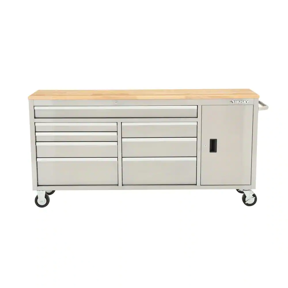 Husky 72 in. W x 18 in. D Heavy Duty 8-Drawer 1-Door Mobile Workbench Tool Chest with Solid Wood Top in Stainless Steel