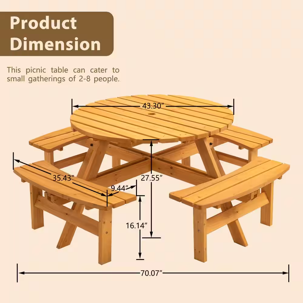 None 8-Person Circular Outdoor Wooden Picnic Table for Patio, Backyard, Garden, DIY w/4 Built-in Benches, 2200 lbs. Capacity