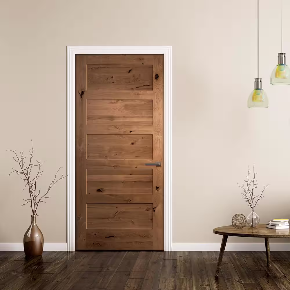 Builders Choice 36 in. x 80 in. 5-Panel Shaker Solid Core Unfinished Knotty Alder Wood Interior Door Slab