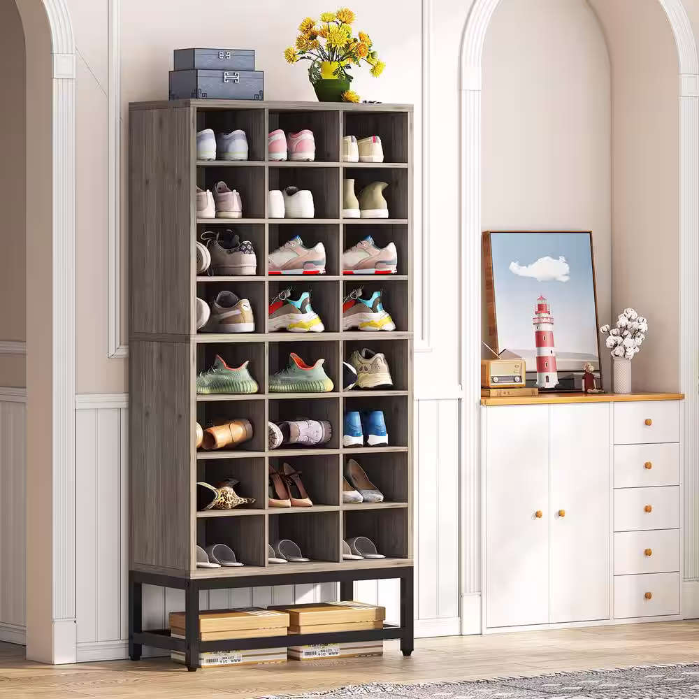 None 55 in. H x 25 in. W Gray 24-Pairs Shoe Storage Cabinet, 8-Tier Shoe Rack