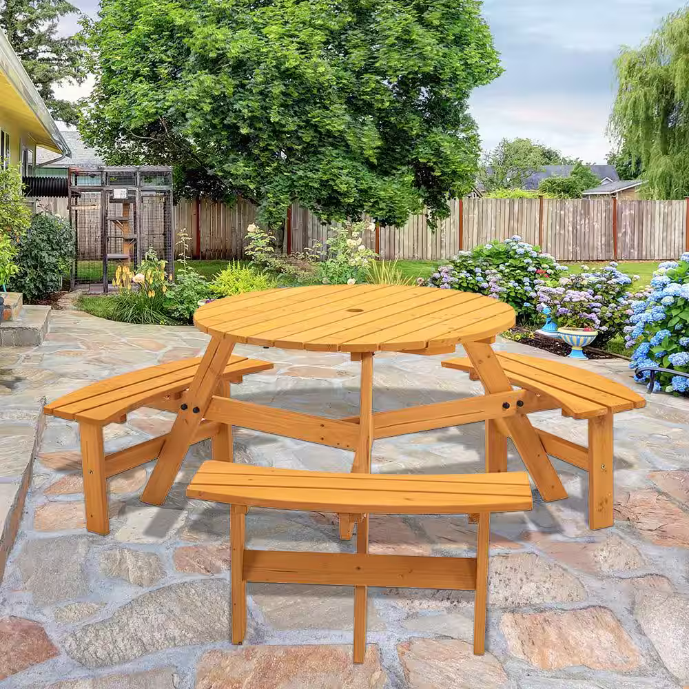 None 66.92 in. W 6-Person Natural Circular Solid Wood Outdoor Wooden Picnic Table w/3 Built-In Benches for Backyard, Garden