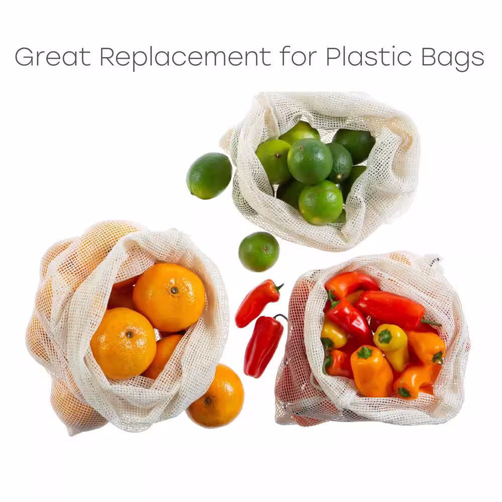 Kitchen Details Natural Cotton Eco Reusable Mesh Produce Bags (3 Pack)