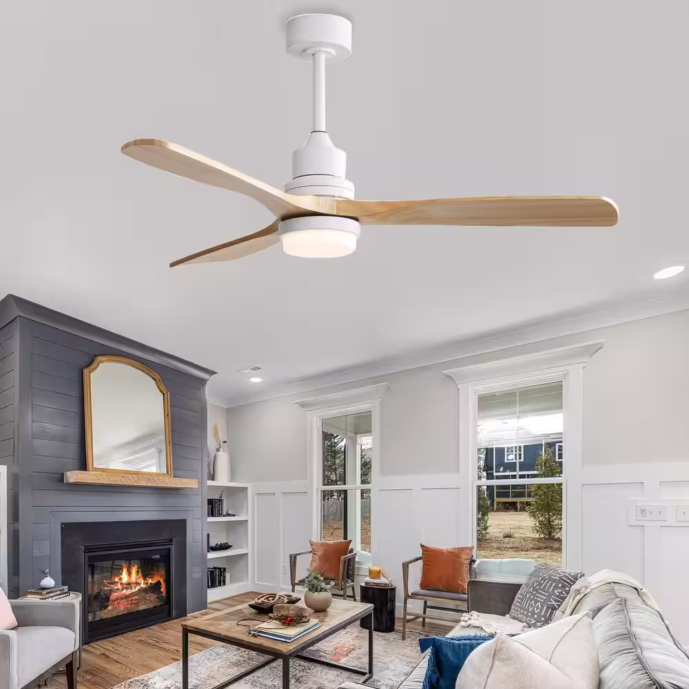 None 52 in. Integrated LED Indoor Matte White Ceiling Fan with Light and Remote Control, Solid Wood Blades