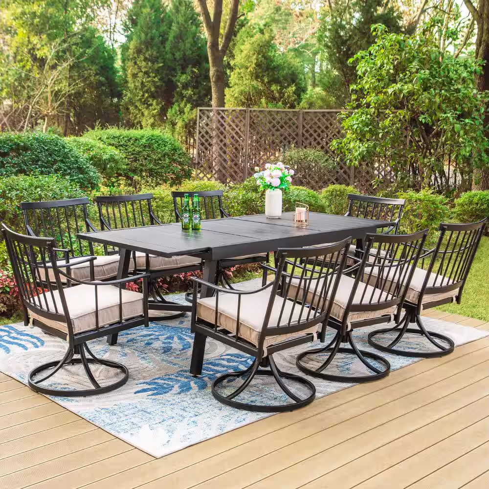 None 9-Piece Metal Patio Outdoor Dining Set with Extensible Slat Table and Swivel Stylish Chairs with Beige Cushion