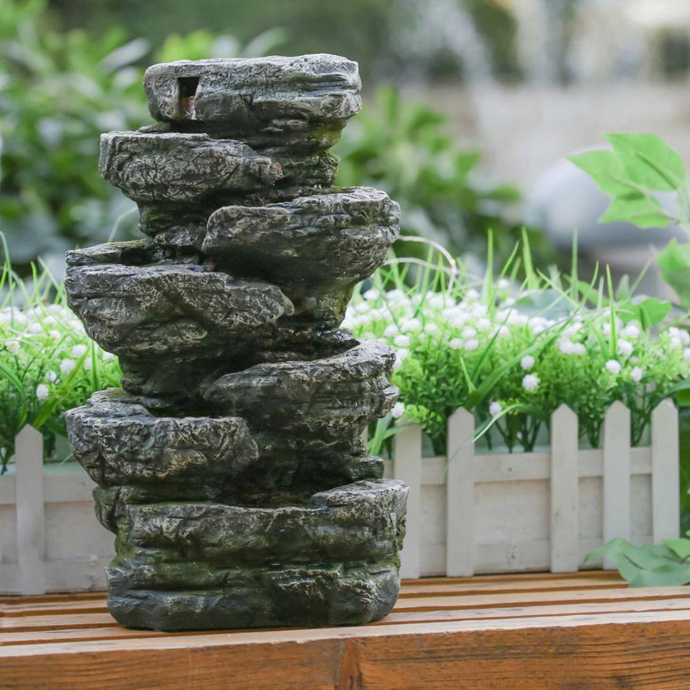 None 14 in. Indoor Outdoor Rock Waterfall Fountain Polyresin Water Feature with Light
