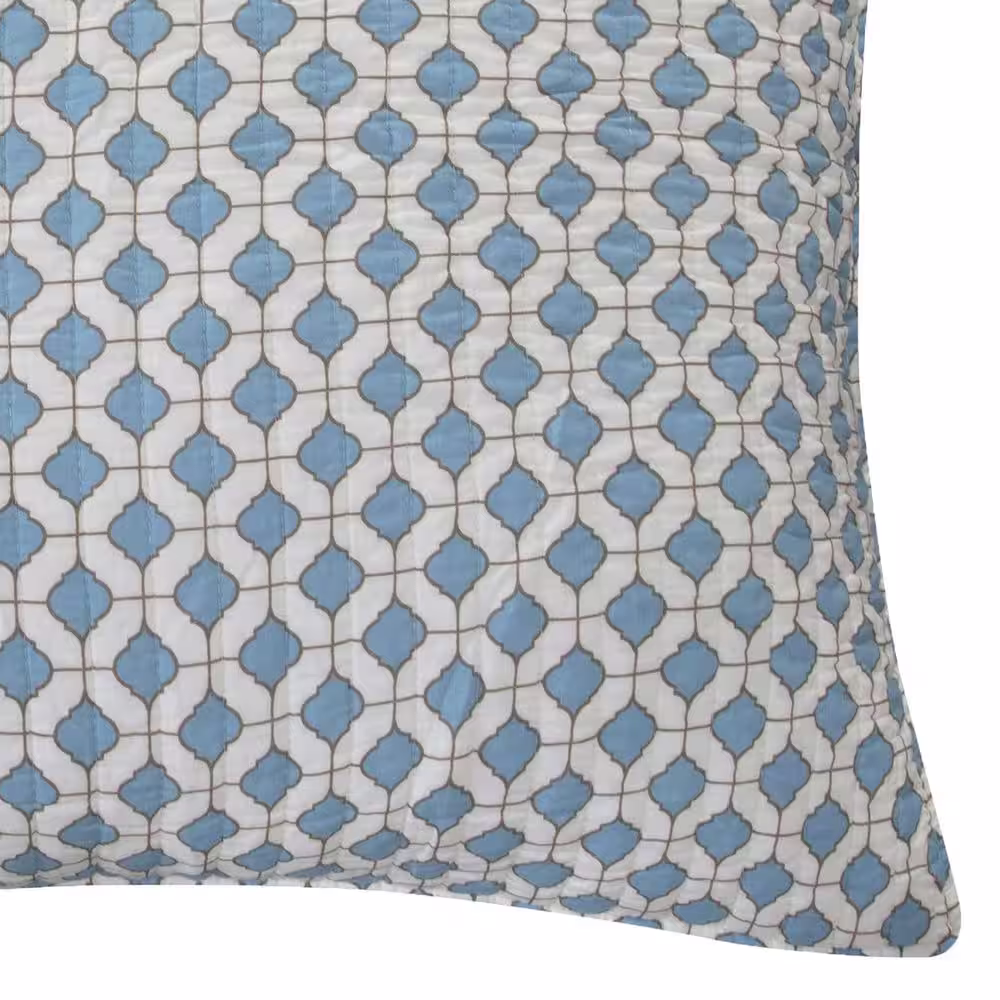None Palladium Grey - Blue Geometric Quilted Cotton Euro Sham (Set of 2)