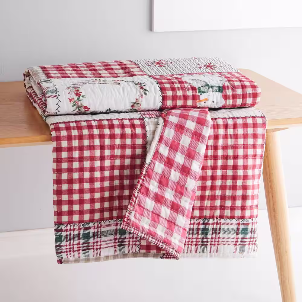 None Home For Christmas Multicolor Holiday Patchwork Quilted Cotton Throw Blanket