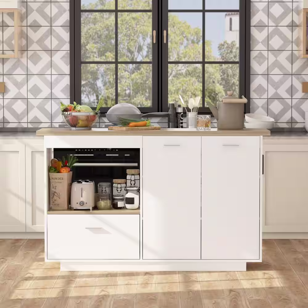 FUFU&GAGA White/Oak Wood 59.1 in. W Kitchen Island Dining Table With Adjustable Shelves and Drawer
