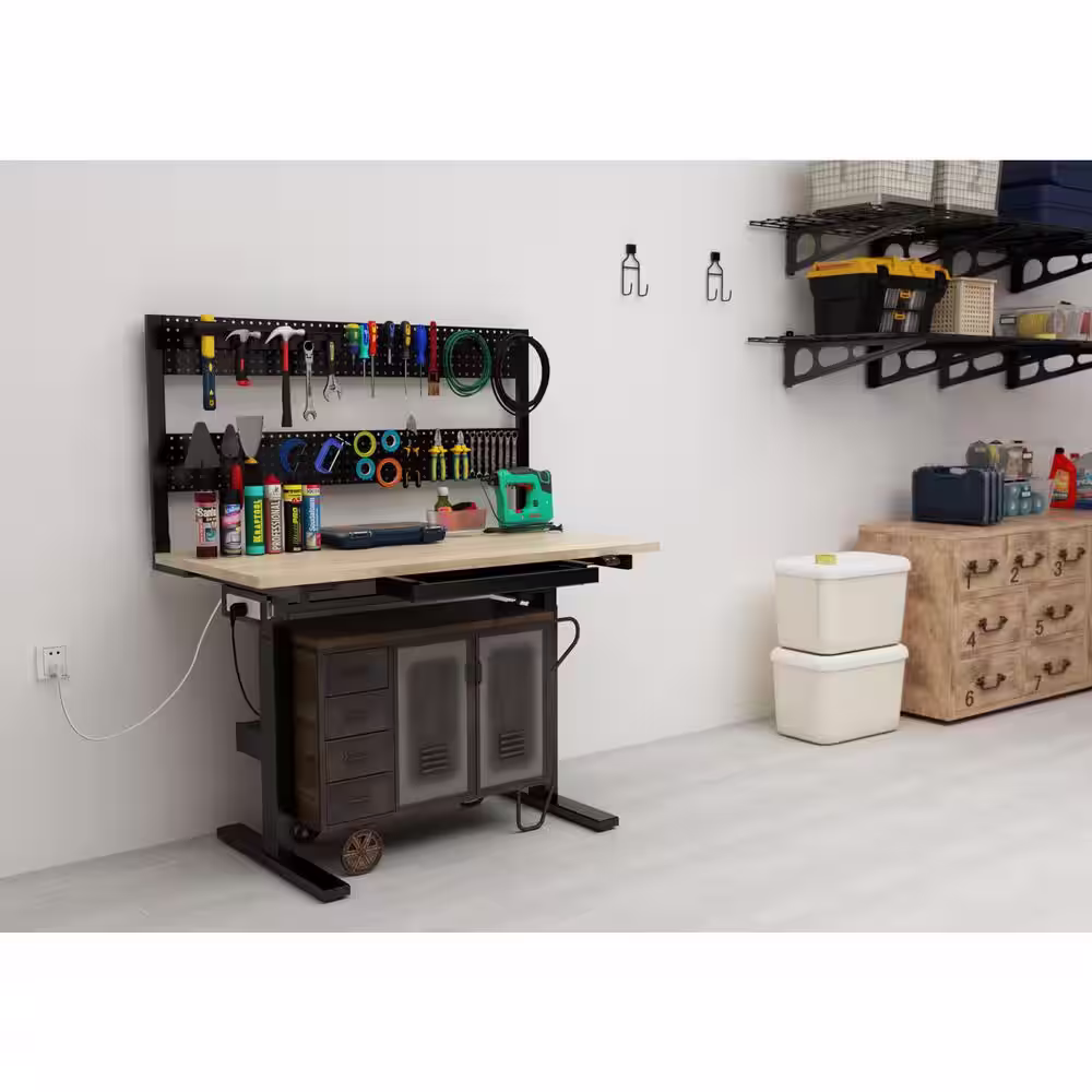 Hanover 24 in. Natural Wood Motorized Work Bench with Adjustable Heights and Peg Board