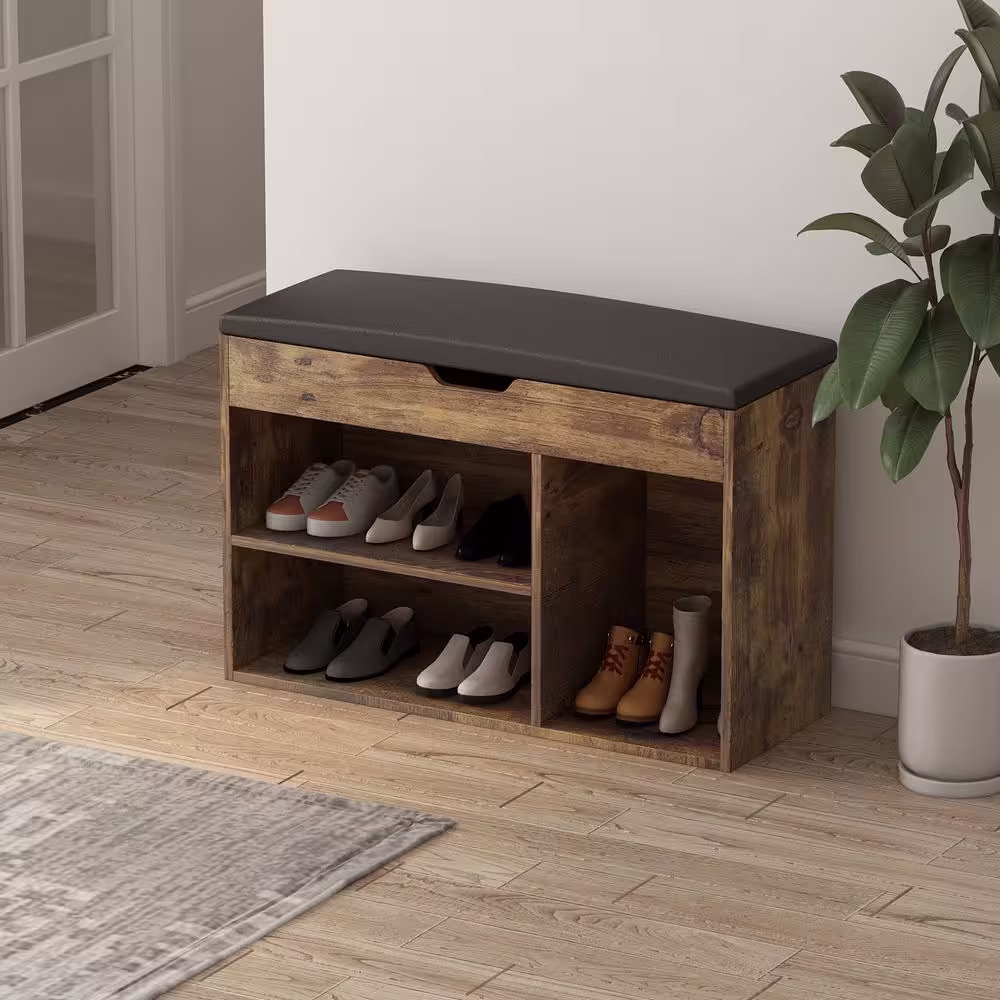 FUFU&GAGA 21.2 in. H x 31.4 in. W 8-Pair Shoes Brown Wood Shoe Storage Bench with 3-Shelves Storage Compartment