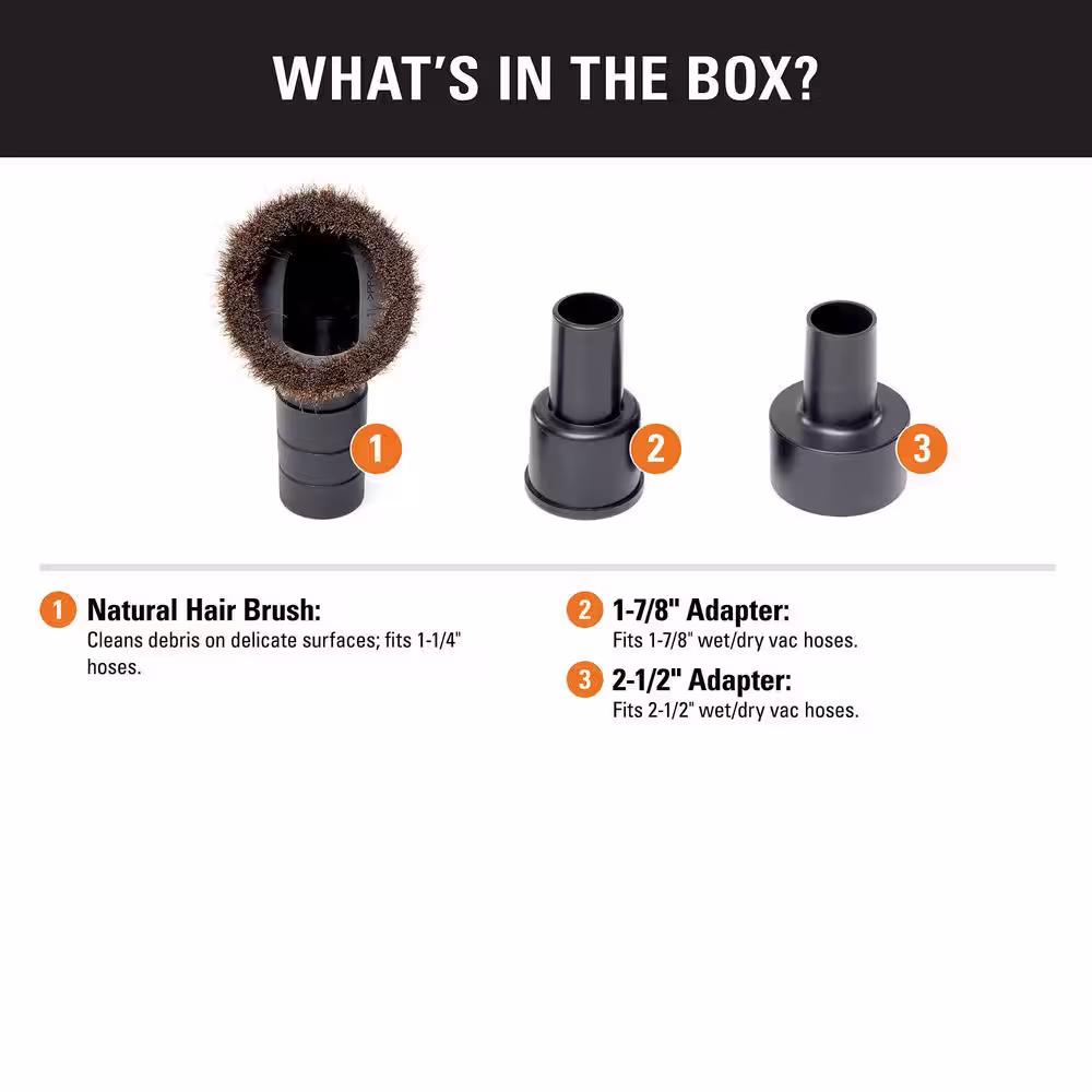 RIDGID 1-1/4 in. Natural Hair Dusting Brush Accessory with 1-7/8 in. and 2-1/2 in. Adapters for RIDGID Wet/Dry Shop Vacuums