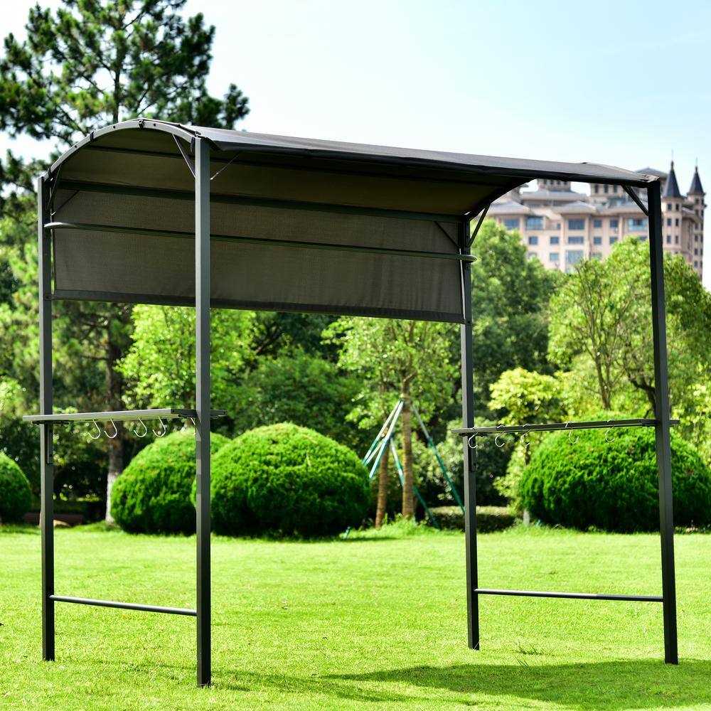 None 7 ft. x 4.6 ft. Gray Patio Grill Gazebo with Side Awning, Bar Counters and Hooks