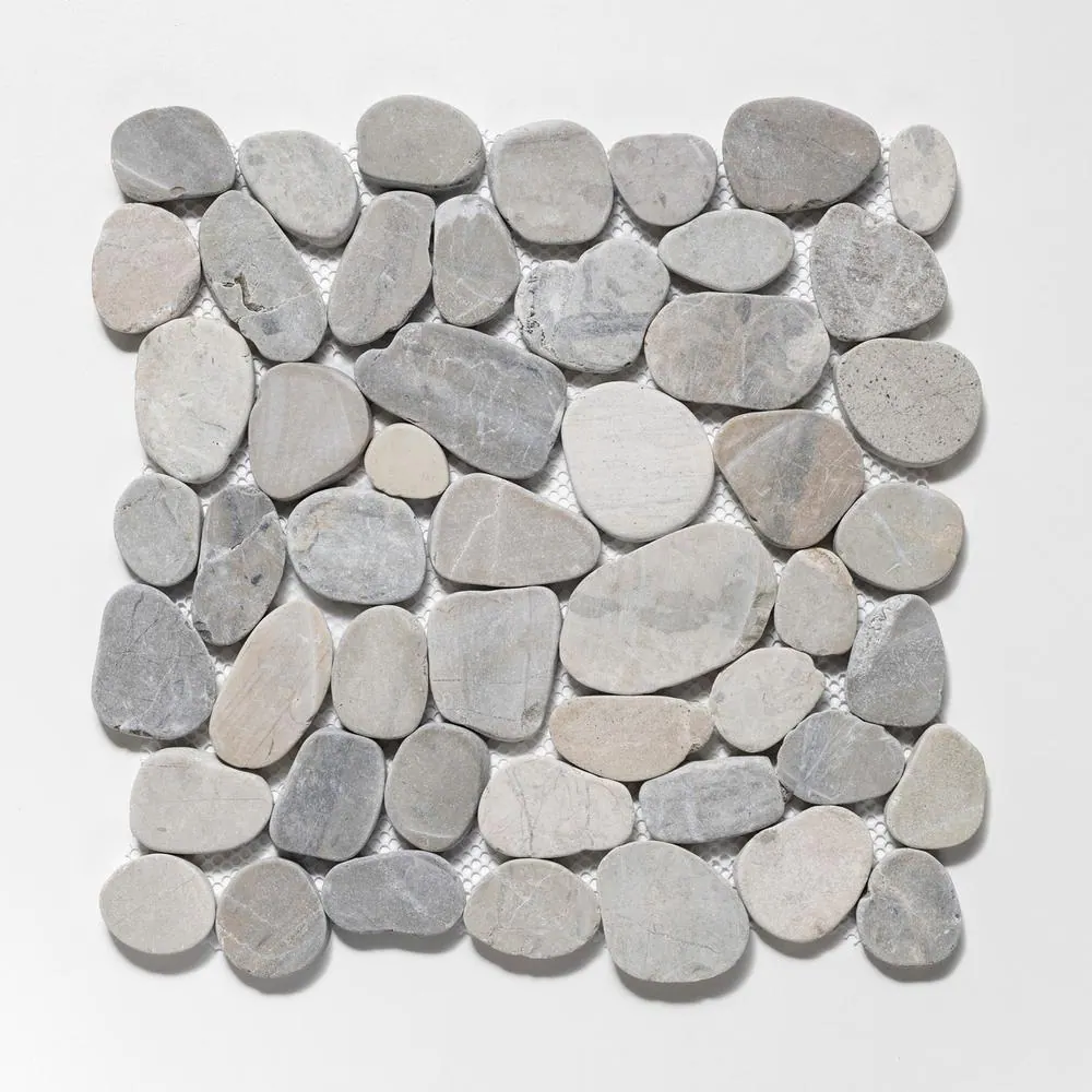 TILE CONNECTION Sliced Pebble Tile Light Grey 11-1/4 in. x 11-1/4 in. x 9.5mm Honed Pebble Mosaic Tile (9.61 sq. ft./case)