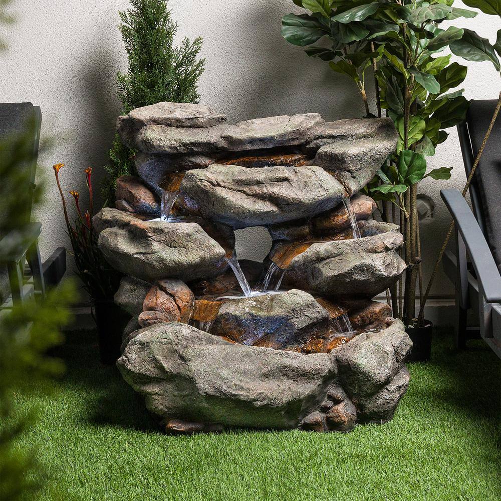 Alpine Corporation 31 in. Tall Outdoor 6-Tier Rainforest Waterfall Fountain with LED Lights